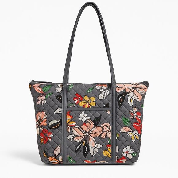 Vera Bradley Tote Bag Gray Quilted Floral Print Shoulder Purse Handbag 10 In. - Picture 1 of 7